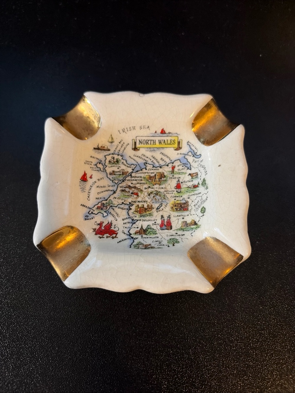 Vintage North Wales Map Ashtray Pottery England Gold Rim Souvenir